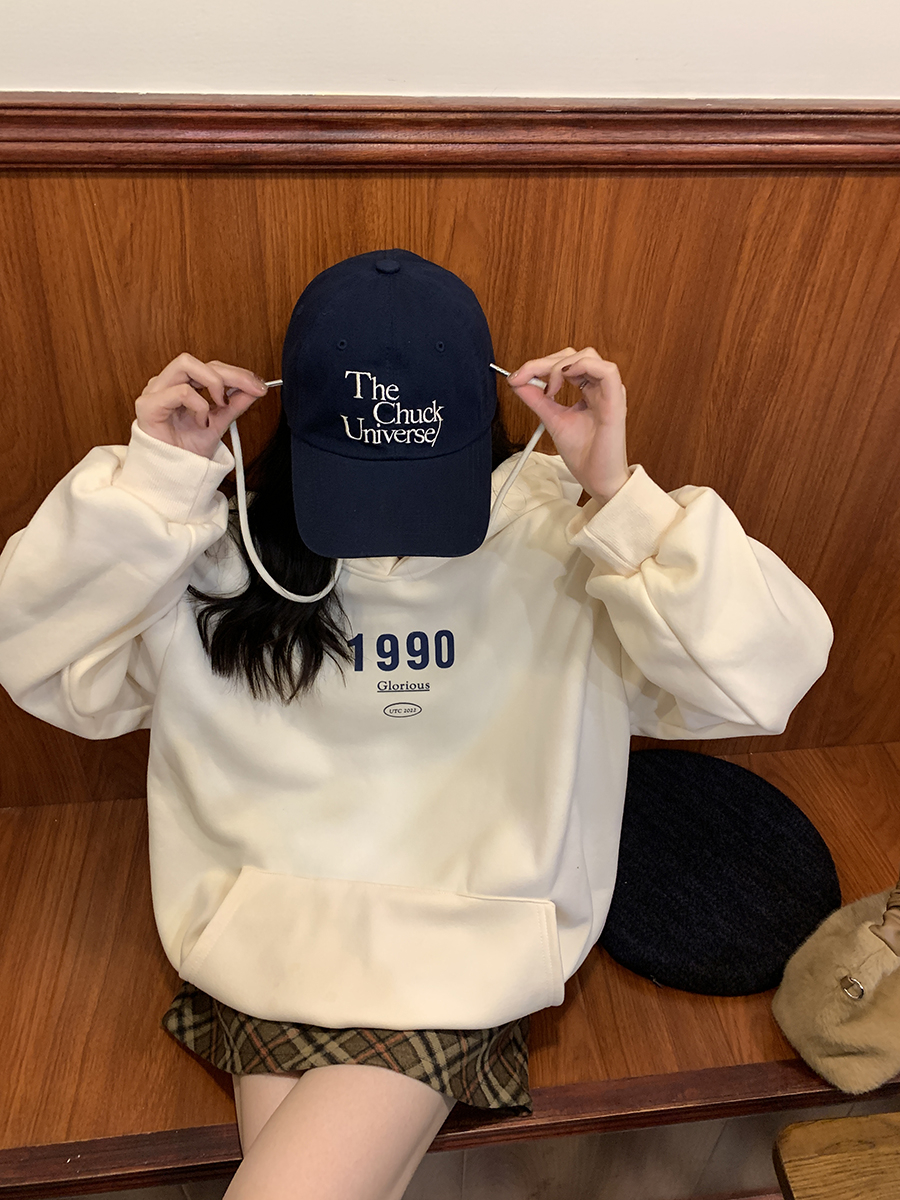 310g Imitation Cotton Interwoven Fabric Can't Pill Winter Fleece Sweater Women's Hooded Print Back Wrapped Double Layer Cap