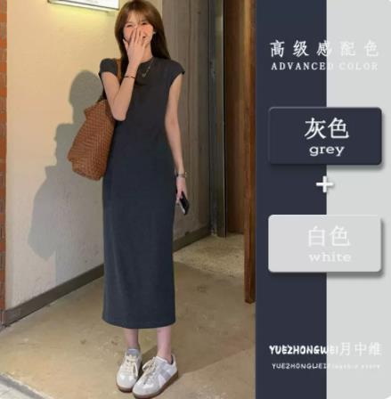 Small gray short-sleeved dress women's summer slim waist T-shirt skirt design sense niche temperament long skirt