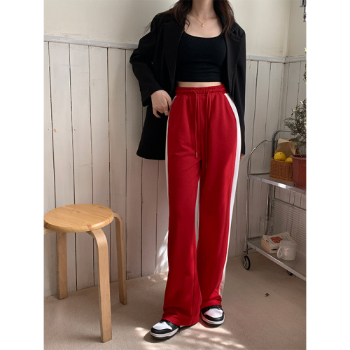 Real shot showing thin high waist elastic pants straight tube drooping smiley face mopping casual pants 2022 early autumn new sports pants