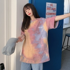 Real shot cotton tie dyed short sleeve T-shirt women's loose medium length top in summer