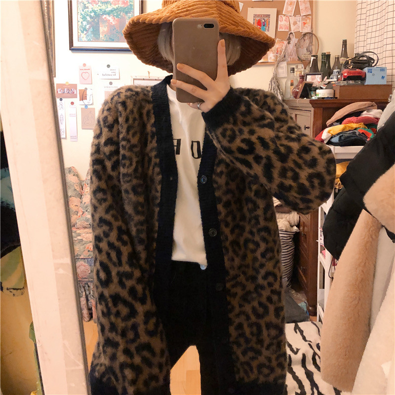 Korean retro girl mohair wool lazy wind ins net red leopard print autumn winter knitted coat cardigan sweater