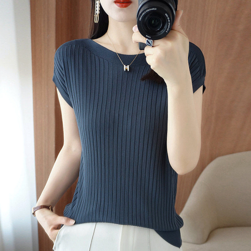 European Station  Summer New Loose Hem Irregular Round Neck Short-sleeved Ice Silk Knit Top Women