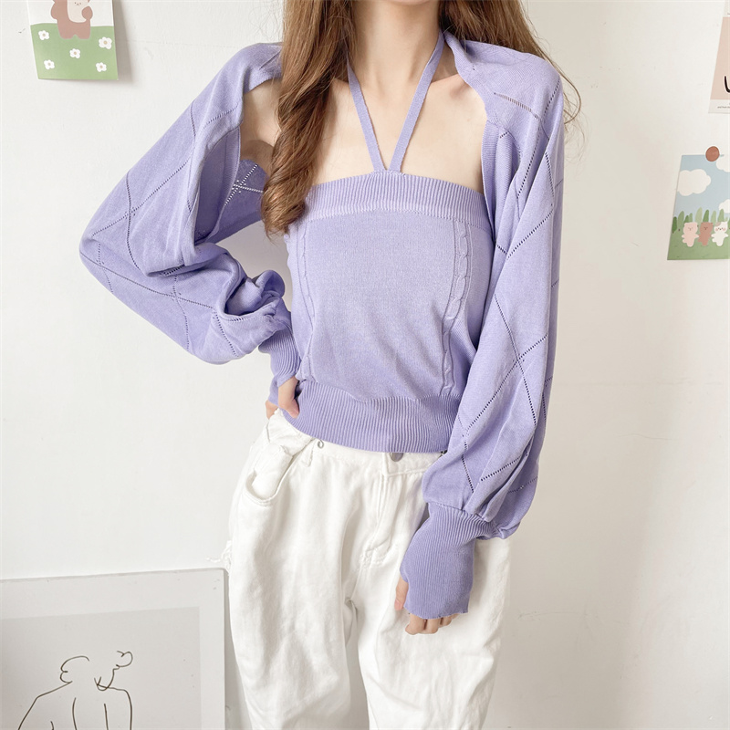 Real price hanging neck knitted suspender shawl cardigan coat two-piece set female