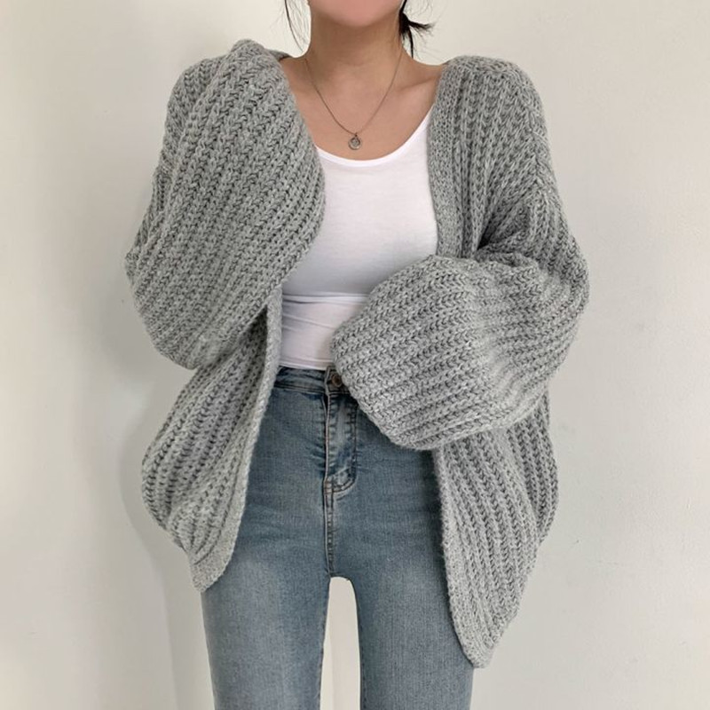 Korean chic autumn lazy style V-neck versatile loose casual Solid Color Lantern Sleeve knitted cardigan sweater coat