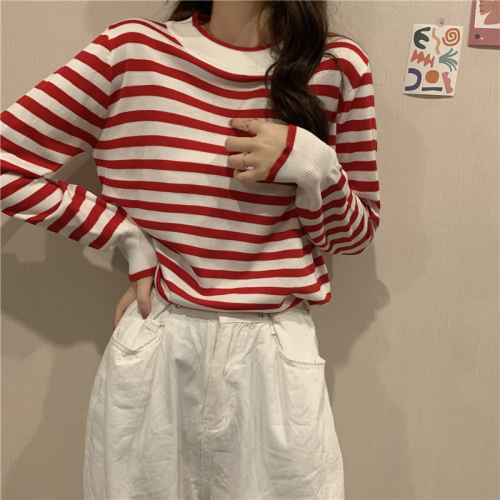 Real price shooting ~ new autumn and winter striped T-shirt with round neck and long sleeve for women's loose and thin, bottom and slim