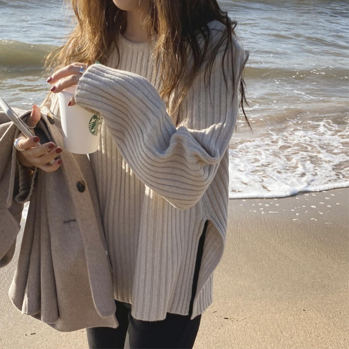 Original Protection Korean Version Versatile Pit Strip Loose Knit Sweater Round Neck Pullover Lazy Wind Split Sweater