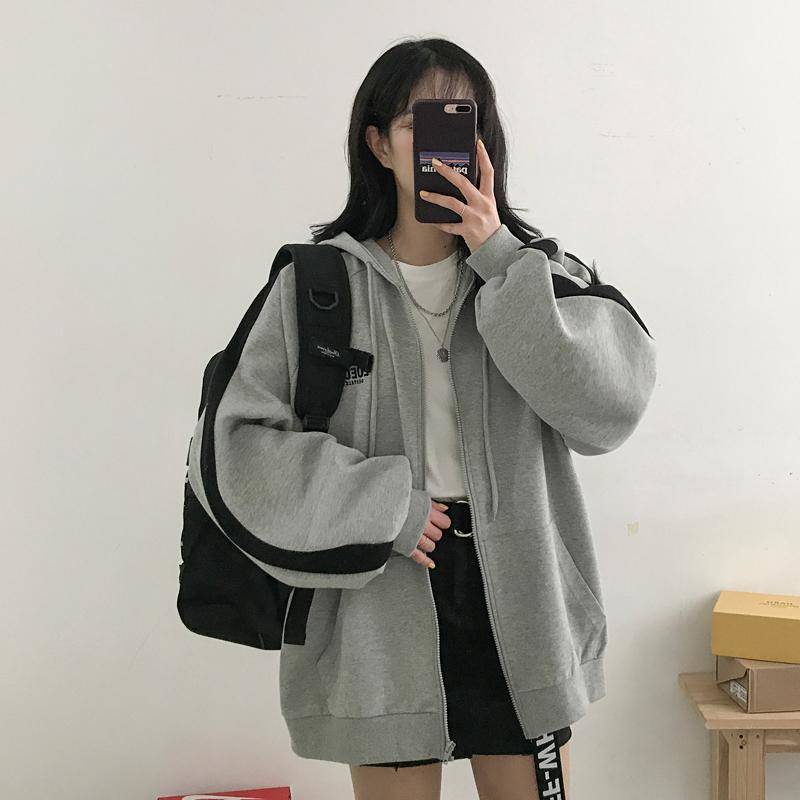 Spring and autumn new style yuansufeng women's hooded split cardigan student sports long sleeve coat grey top