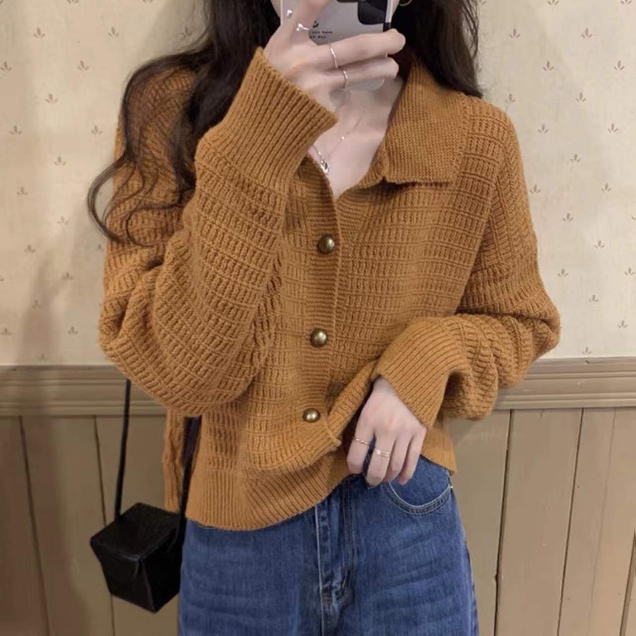 New Korean retro style Lapel solid color loose and versatile sweater knitted cardigan women