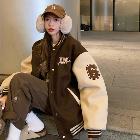 New baseball uniform women's fleece winter ins tide Korean version all-match jacket bf lazy wind couple