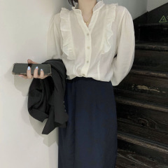 Real price real auction lotus lace collar Long Sleeve Chiffon shirt women's Korean loose foreign style top