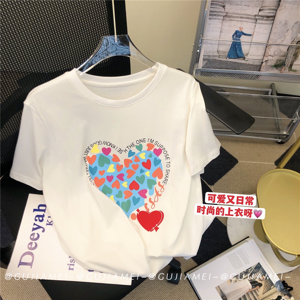 Summer new cotton 180g 2022 new love fashion leisure Joker short sleeve T-shirt female Korean version