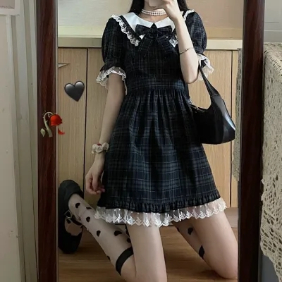 Japanese student skirt college style waist sweet puff sleeve lace edge retro short plaid dress summer