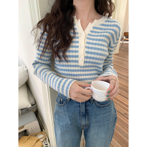 Real shot knitted bottoming shirt women's 2022 lazy style striped thin section slim slim long-sleeved inner top
