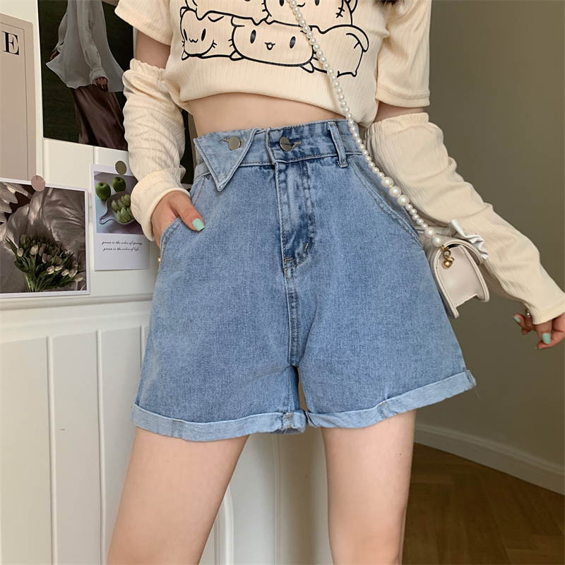 Actual shooting of loose denim shorts women's new summer 2022 High Waist Wide Leg A-line hemmed hot pants