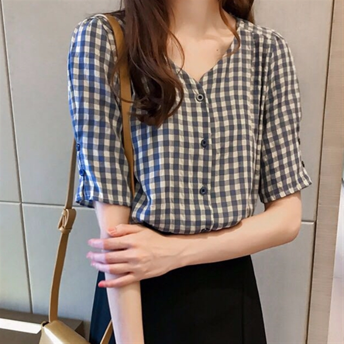 Official figure fiber V-neck Plaid Shirt women's design sense minority bubble sleeve short sleeve