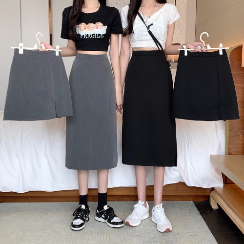 Real shot with inner lining + zipper skirt, women's high waist and thin suit skirt, split A-shaped bag hip skirt