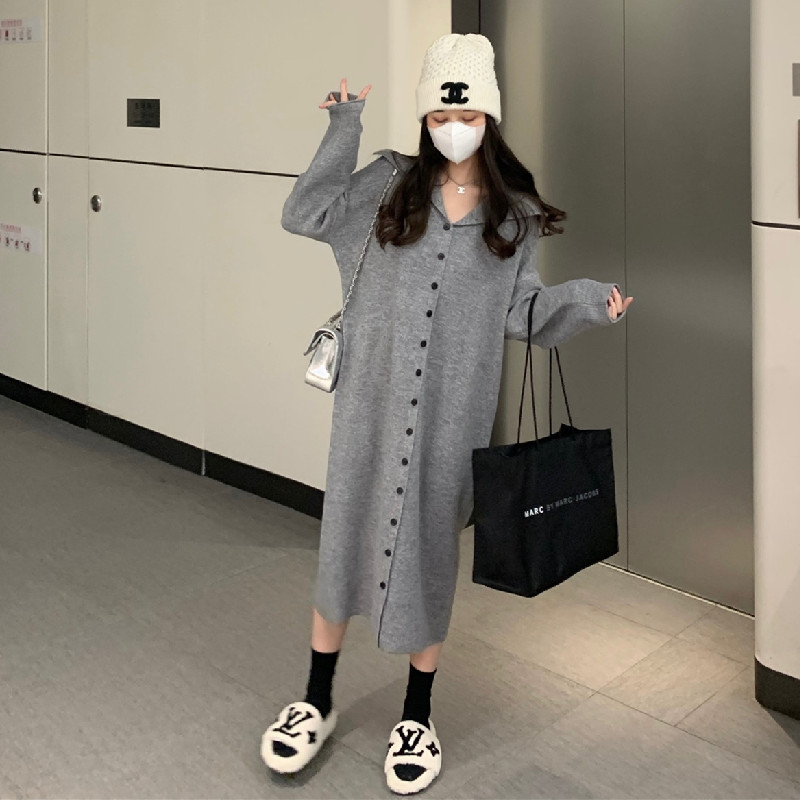 Korean style lapel button sweater dress women's autumn and winter long loose knitted dress