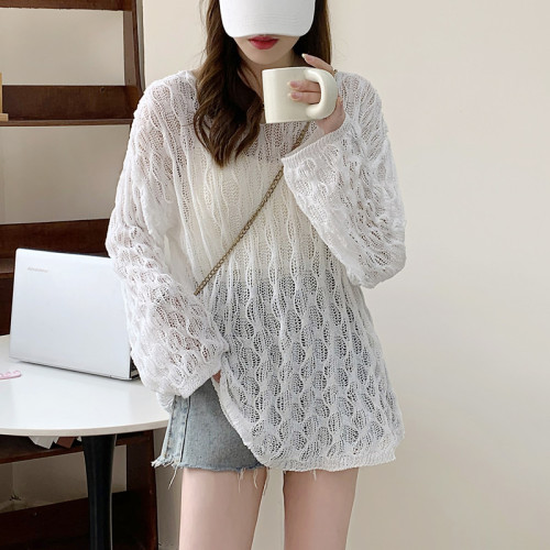 Actual shot of 2023 new Korean fashion thin loose lazy style hollow sweater women's casual V-neck top fashion