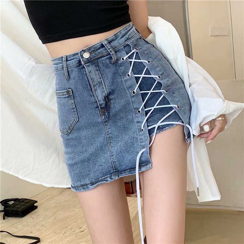 Real photo 2021 new bandage denim skirt skirt skirt women's summer high waist A-line split hip chic skirt