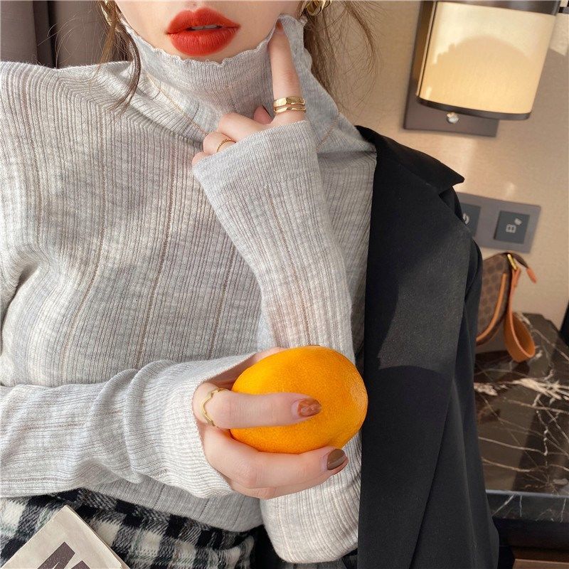 2021 new women's spring and autumn versatile slim fit pile neck long sleeve knitted top high neck with bottom sweater