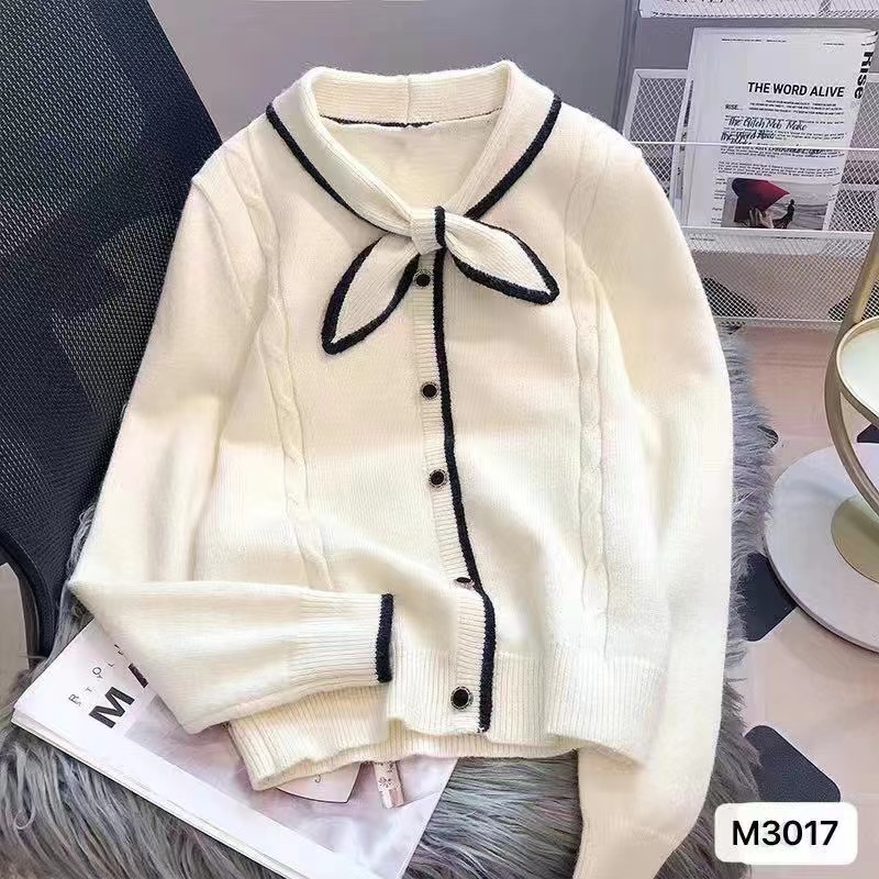 2022 autumn and winter new Korean version design sense lady gentle bow top cardigan top