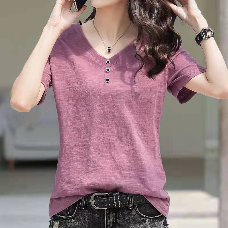 Pure cotton slub cotton V-neck button short-sleeved T-shirt women's 2023 new loose large size top trend