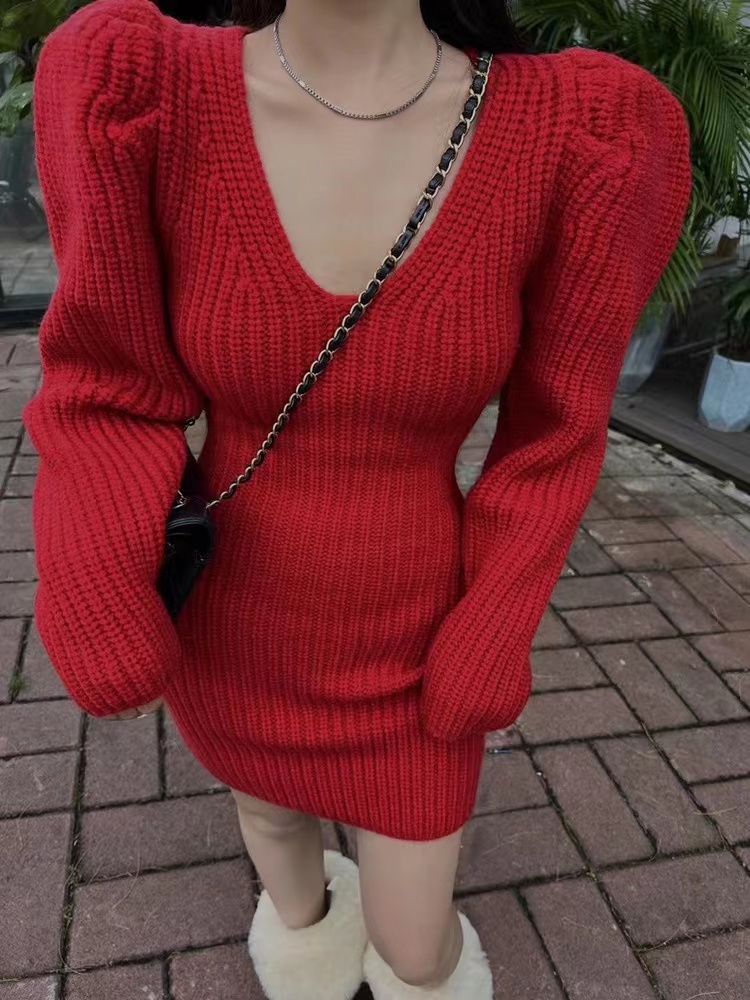2023 spring new Korean version of the airy V-neck puff sleeve sweater dress women waist waist all-match knitted skirt