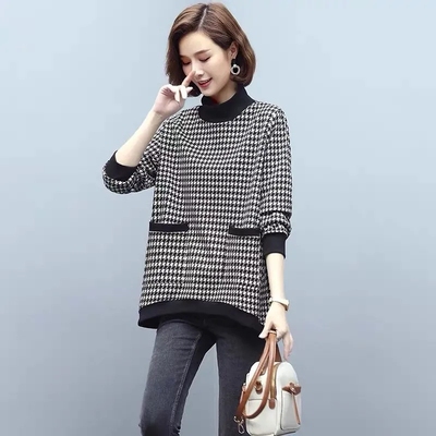 Warm sweater women's middle and long style 2021 autumn and winter new high collar top T-shirt thousand bird grid thickened bottomed shirt trend