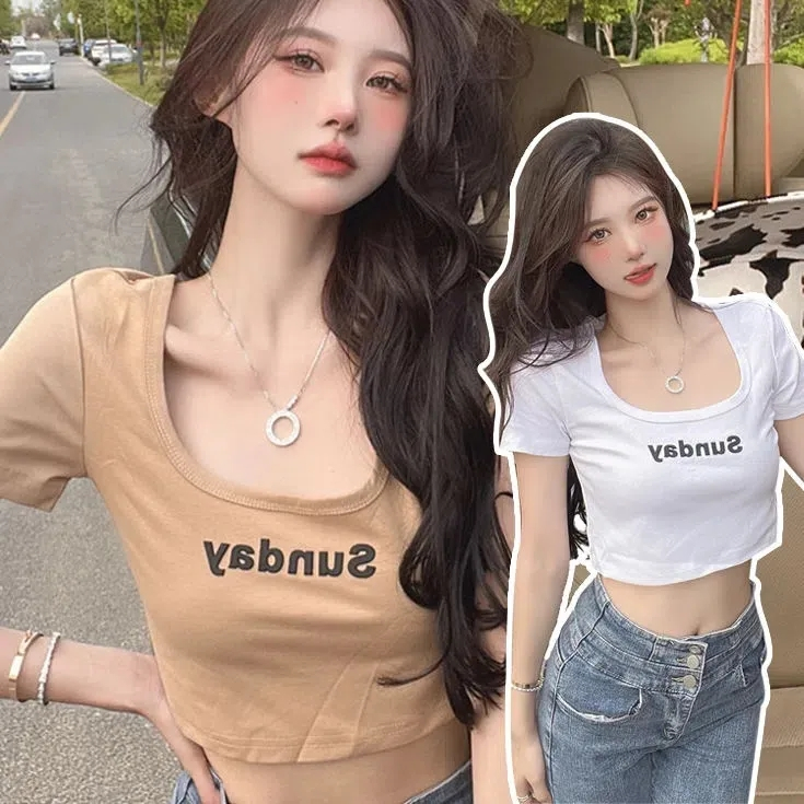 Official website #square collar short-sleeved T-shirt women's summer short pure desire wind u-neck top