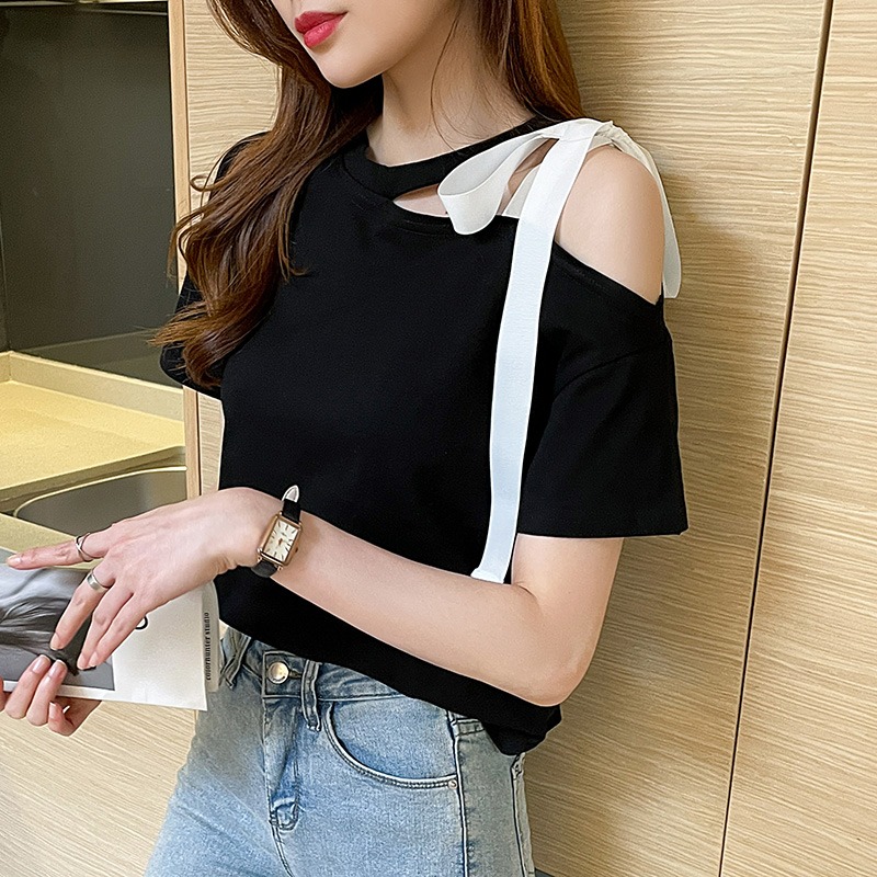 Real shooting pure cotton short sleeved T-shirt women's wear 2022 new summer off shoulder top design sense of niche trend