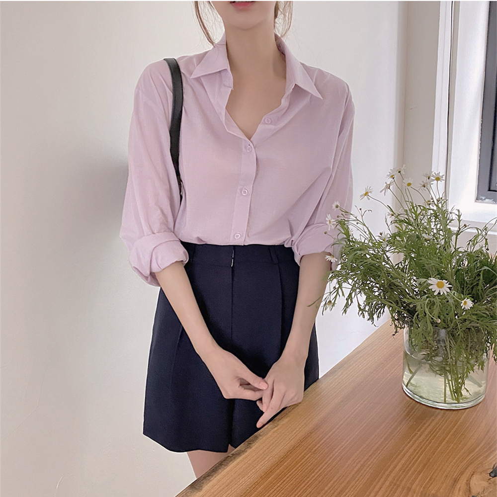 Korean version simple and versatile solid color long sleeve shirt sunscreen shirt