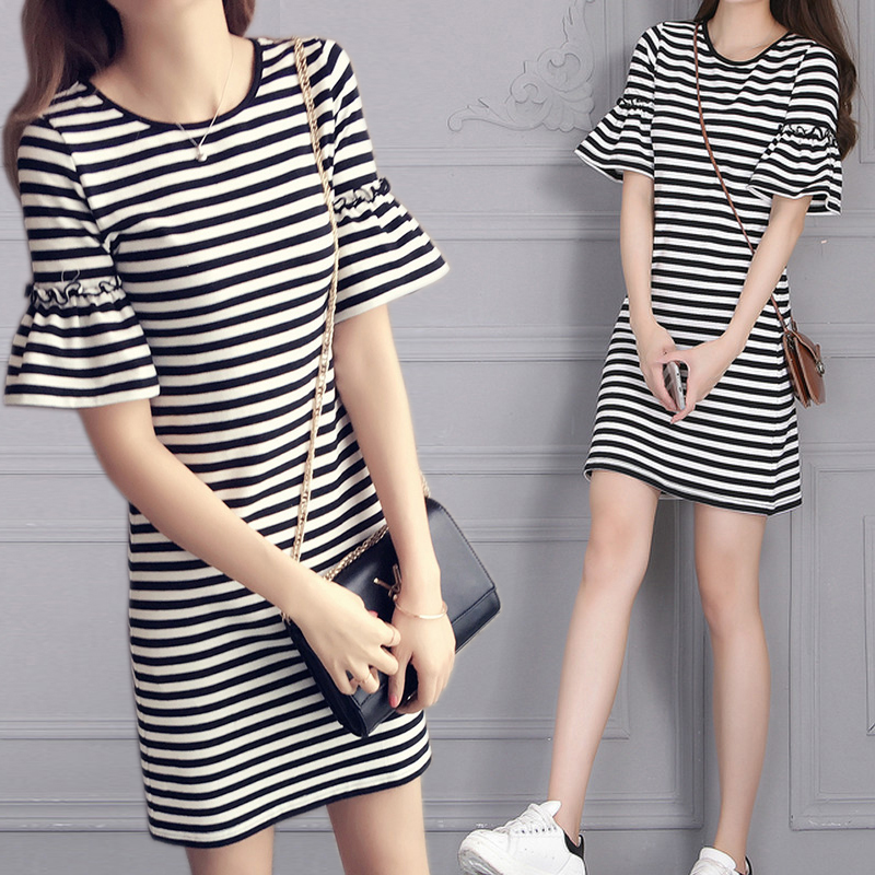 Long size summer T-shirt skirt slim fit short sleeve casual skirt medium length flared Sleeve Striped Dress