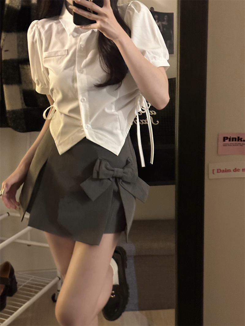 Real shot real price bowknot sweet and spicy style high waist a-line skirt anti-skid + drawstring shirt women's fashion suit