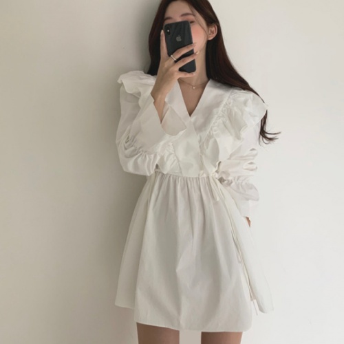 Temperament waist dress  spring and autumn Korean style slim super fairy small V-neck Ruffle A-line skirt