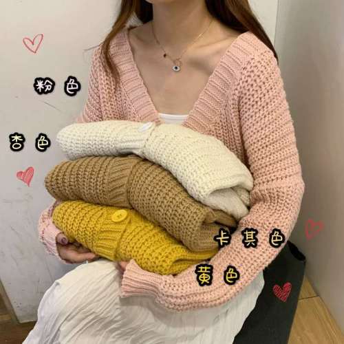 Original Quality Early Autumn Sweater Women's Cardigan Jacket Solid Color Versatile Korean Version Loose Short Top V-Neck Knit Sweater