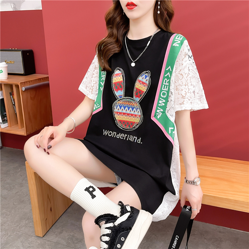 Actual shooting - summer dress Korean version new loose lace hot drill medium and long size women's short sleeve T-shirt dress women