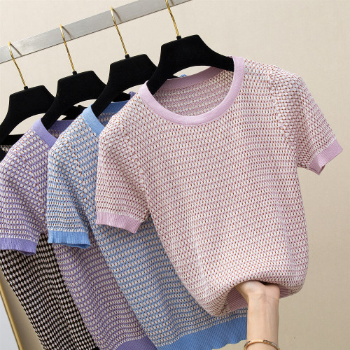 Real photo polo collar knitted stripe short sleeve T-shirt women lovely 2020 new summer loose top Han bianchao