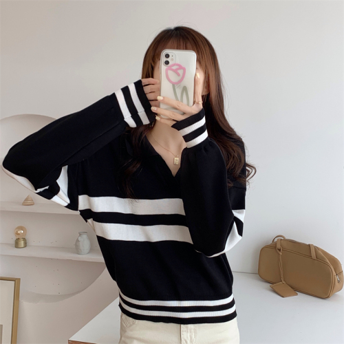 Real shooting real price autumn and winter new Korean women's thin polo collar stripe long sleeve sweater