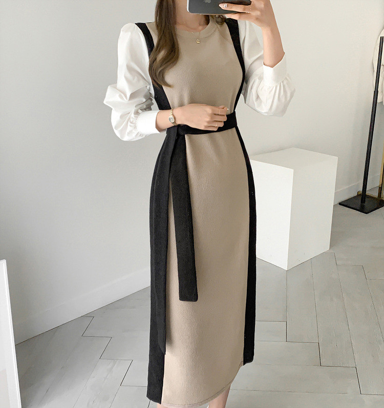 INS autumn and winter retro color-blocking knitted dress shirt-sleeve stitching long-sleeved dress