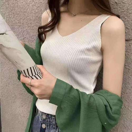 New style ice silk knitting Halter vest women's black inside sleeveless T-shirt Korean version versatile top outside in summer