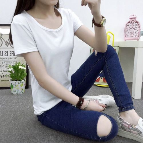 Spring and summer new Korean slim line solid top student short sleeve T-shirt women's fashion