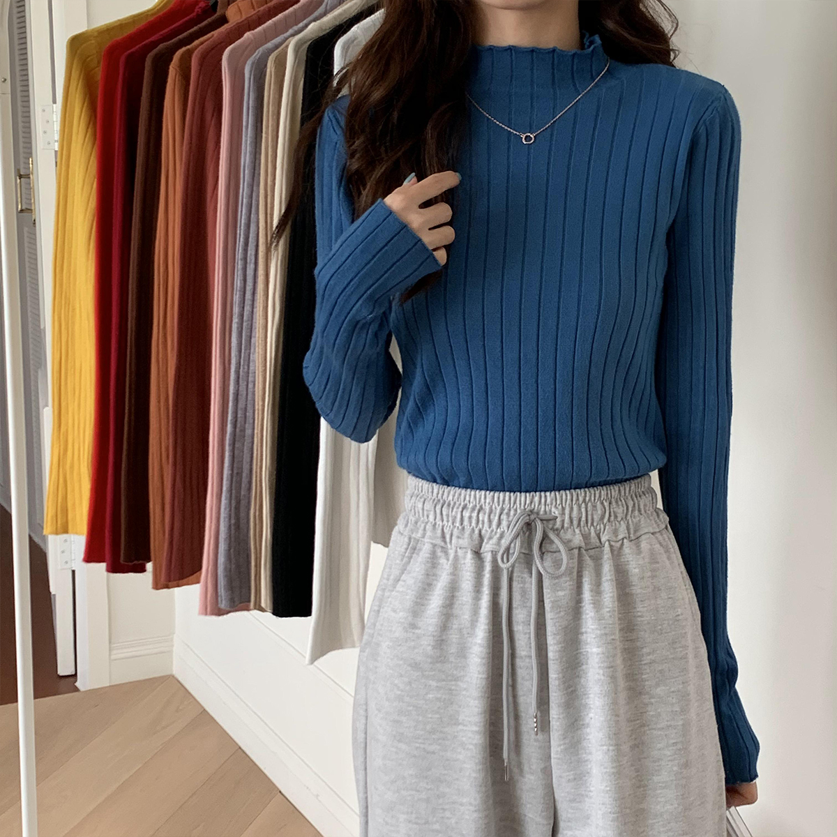 Real shooting real price core spun yarn personalized pit strip crimping knitted half high neck Pullover bottomed sweater women's sweater