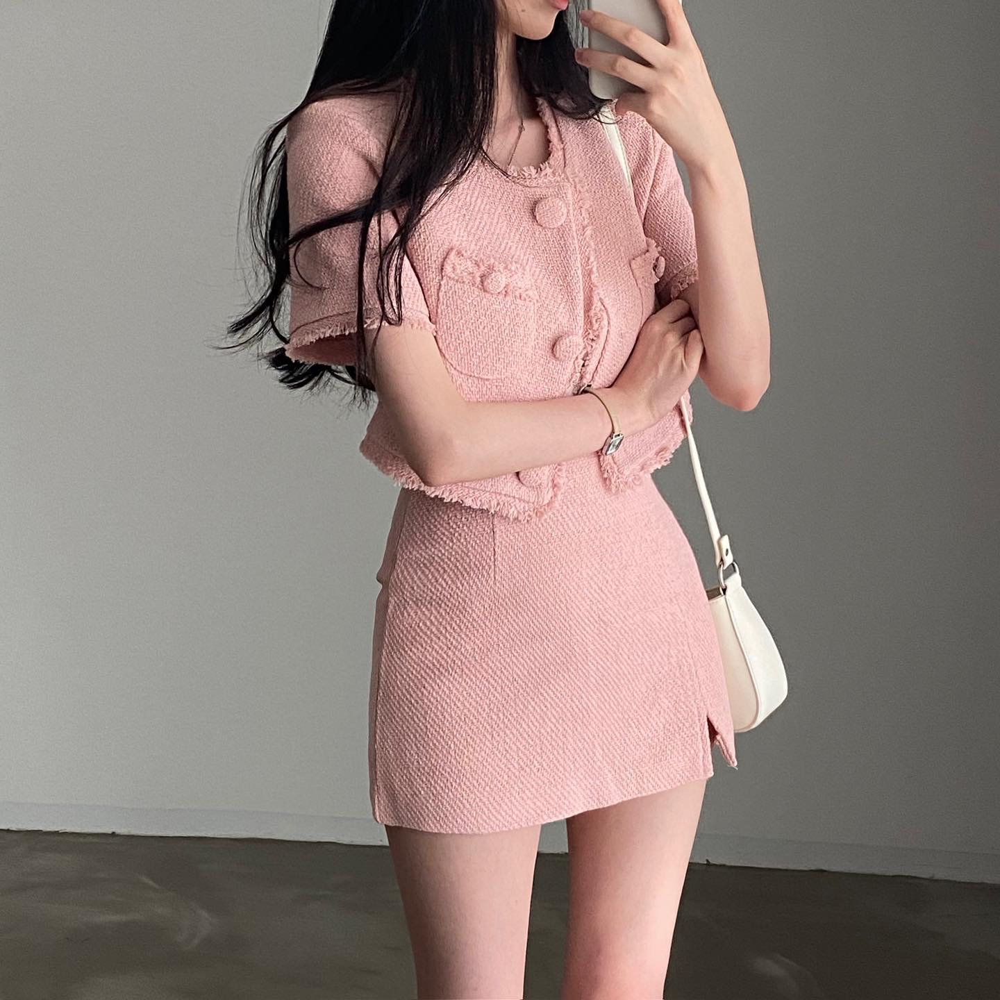 Korean ins pink girl romantic date tweed short coat + Hip Wrap Skirt two-piece suit