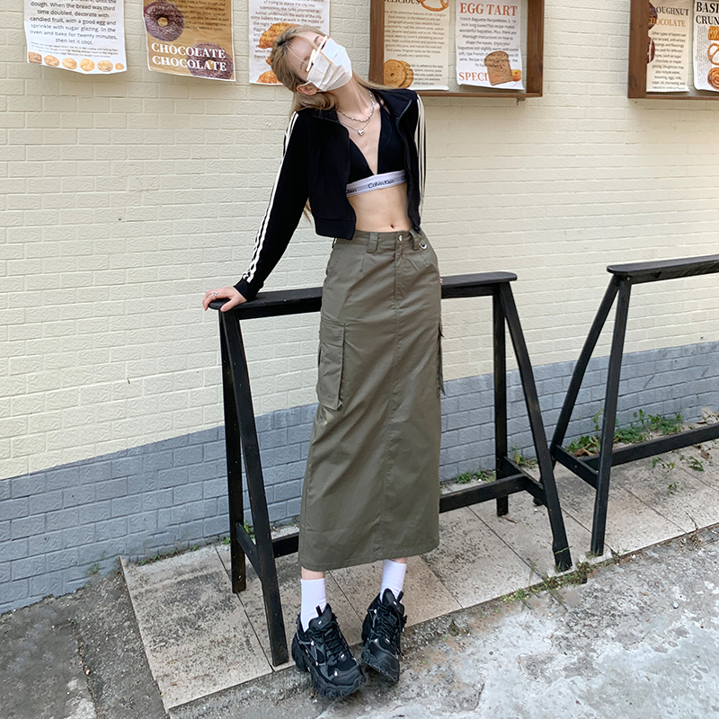 Real shot 2022 new spring and autumn high waist A-line slit umbrella skirt elastic waist skirt midi skirt denim skirt