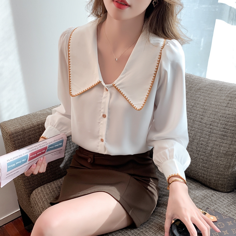 Temperament vertical Navy collar Long Sleeve Chiffon shirt women's 2022 spring new French sweet design sense minority top