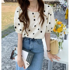 Soft and versatile short sleeve shirt women's 2021 summer new Korean wave dot top loose Round Neck Chiffon