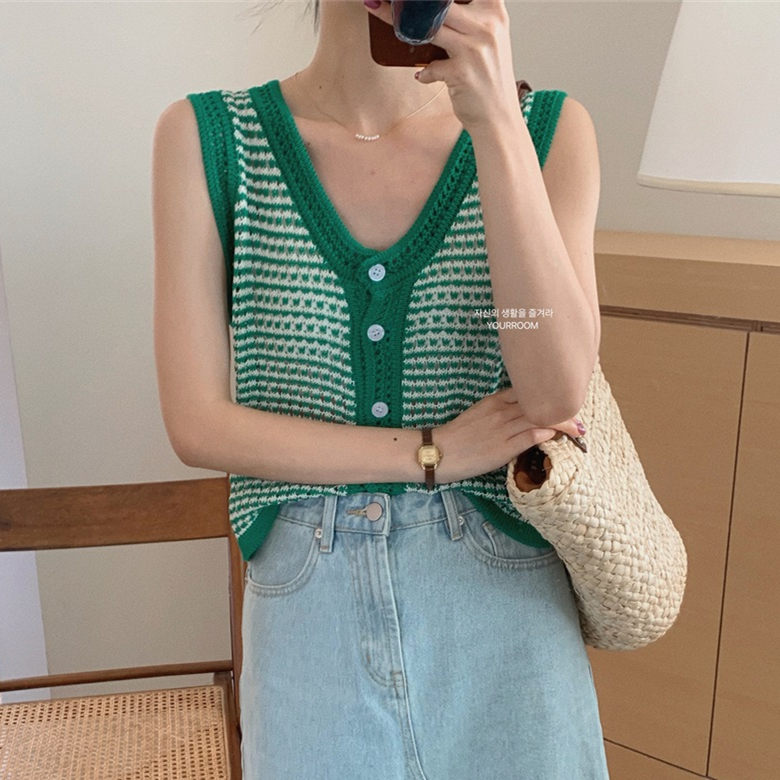 Yourroom+ new summer contrast color V-neck hollow out exterior with short cardigan vest inside women's slim top