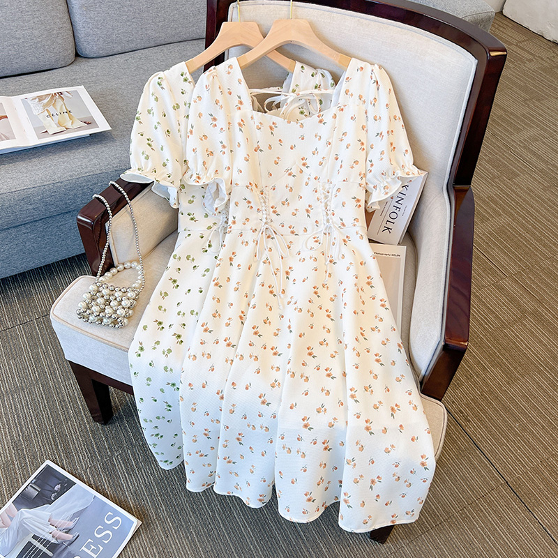 Summer New Gentle Wind Floral Dress Small Fresh Square Neck Puff Sleeves Waist Strap Design Slim Dress Women