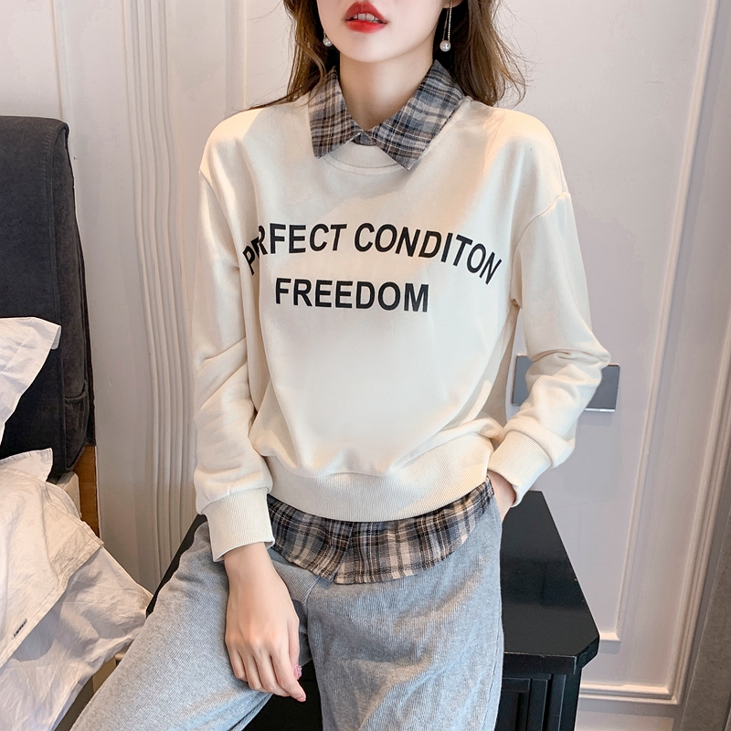 Real shot spring new classic all-match letter print stitching comfortable pullover fake two-piece sweater women's loose
