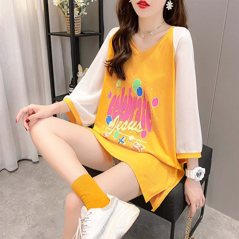 Real shooting summer clothes Korean cotton loose Chiffon stitching V-neck medium and long size women's short sleeve T-shirt women